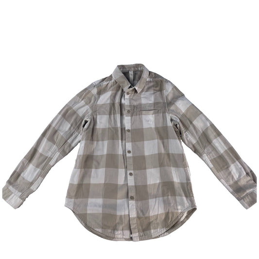 Womens Lululemon Tan White Buffalo Plaid Cotton Flannel Button Down Shirt SIZE 4