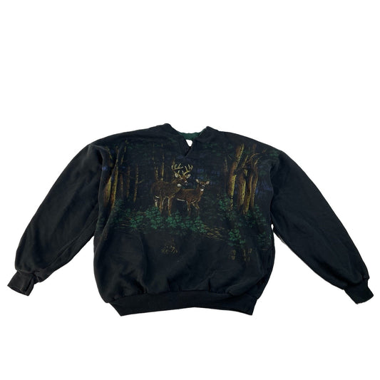 Mens Vintage Art Unlimited Deer Forest Graphic Henley Sweatshirt XL