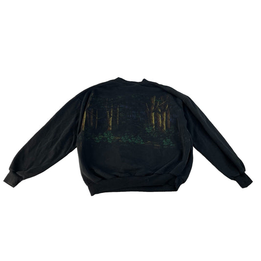 Mens Vintage Art Unlimited Deer Forest Graphic Henley Sweatshirt XL