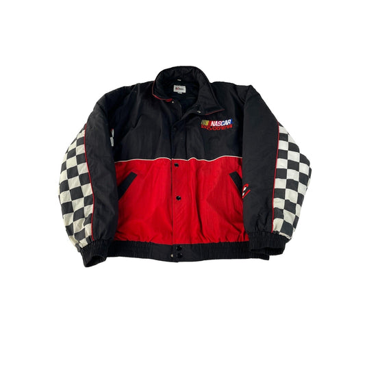 Mens Vintage Chase Authentics NASCAR Black Red Checkered Racing Jacket SIZE L