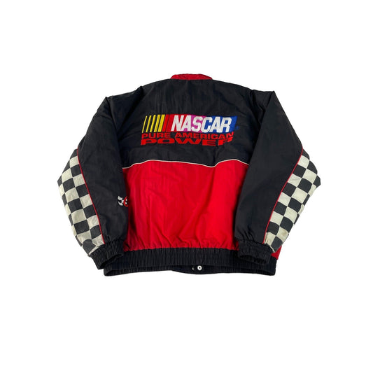 Mens Vintage Chase Authentics NASCAR Black Red Checkered Racing Jacket SIZE L