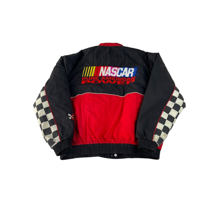 Mens Vintage Chase Authentics NASCAR Black Red Checkered Racing Jacket SIZE L