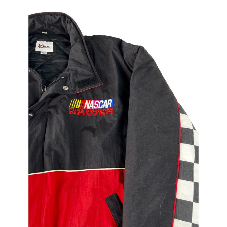 Mens Vintage Chase Authentics NASCAR Black Red Checkered Racing Jacket SIZE L