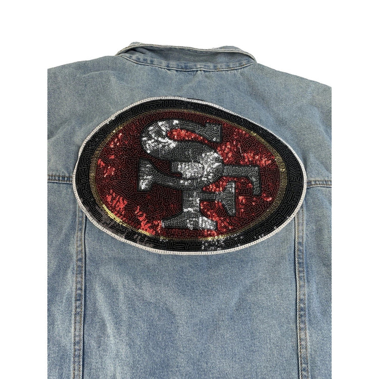 Mens NFL SF 49ers Patch Light Wash Denim Trucker Jacket Size Large
