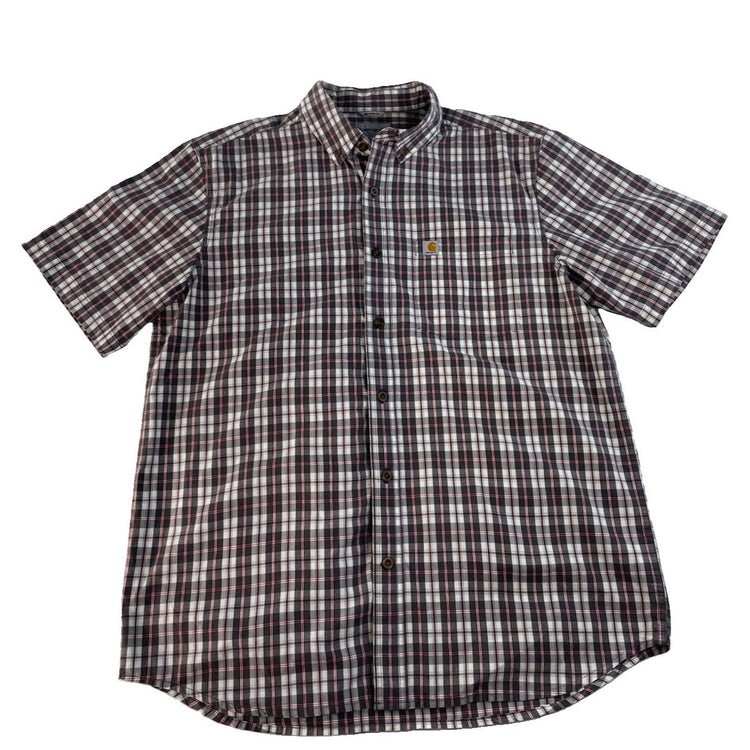 Men Carhartt Relaxed Fit Plaid Short Sleeve Button Down Shirt Red Black Size L
