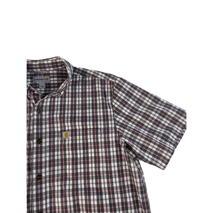 Men Carhartt Relaxed Fit Plaid Short Sleeve Button Down Shirt Red Black Size L