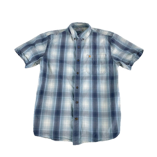 Mens Carhartt Relaxed Fit Blue & Gray Plaid Short Sleeve Button Up Size XL