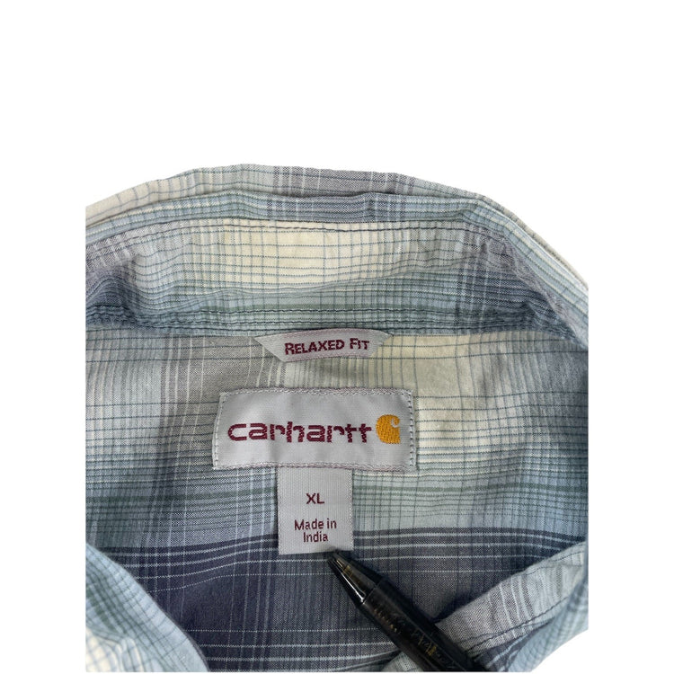 Mens Carhartt Relaxed Fit Blue & Gray Plaid Short Sleeve Button Up Size XL