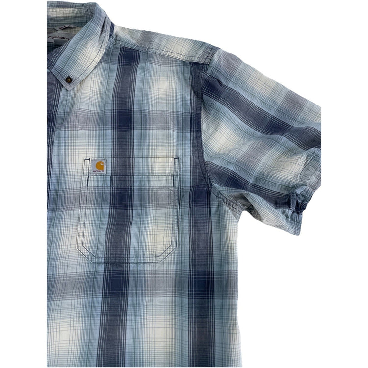 Mens Carhartt Relaxed Fit Blue & Gray Plaid Short Sleeve Button Up Size XL