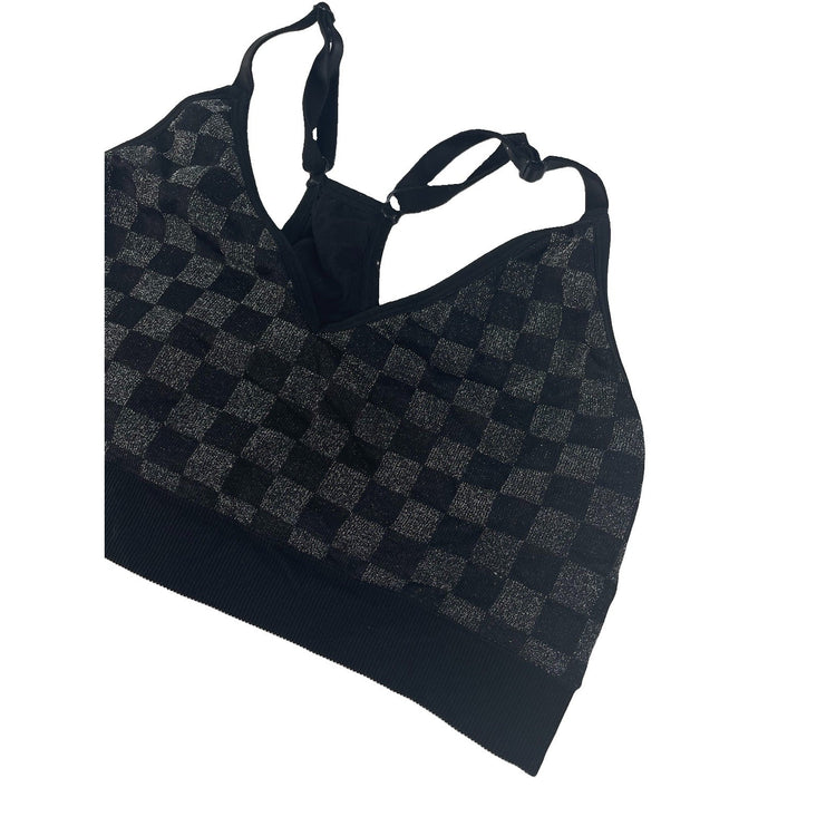 Women’s PINK Active Black & Gray Checkered Sports Bra Size XL