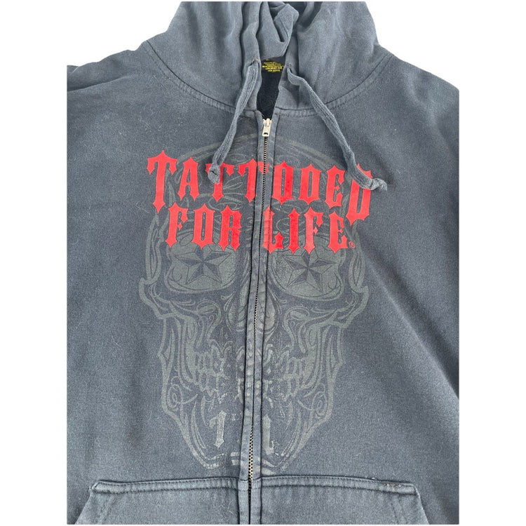 Mens Y2K Hot Leathers ‘Tattooed For Life’ Black Hooded Zip To Jacket Size XL