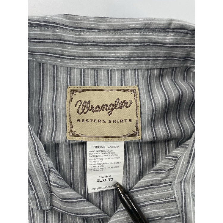 Men Wranglers Western Vertical Gray&White Stipes SnapDown LongSleeve Shirt SZ XL