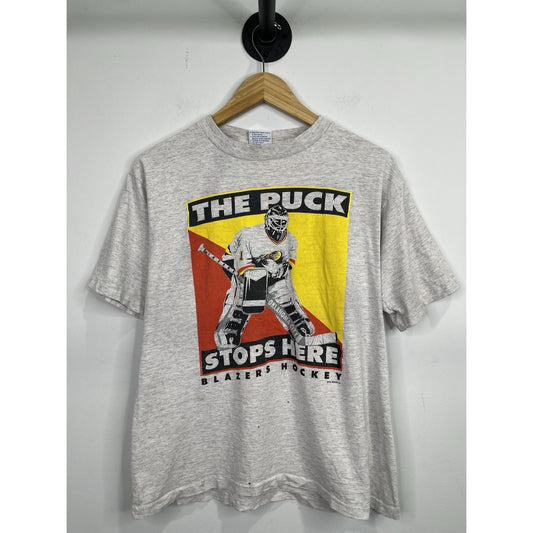 Vintage Mens “The Puck Stops Here” Blazers Hockey Grey T-shirt Size L