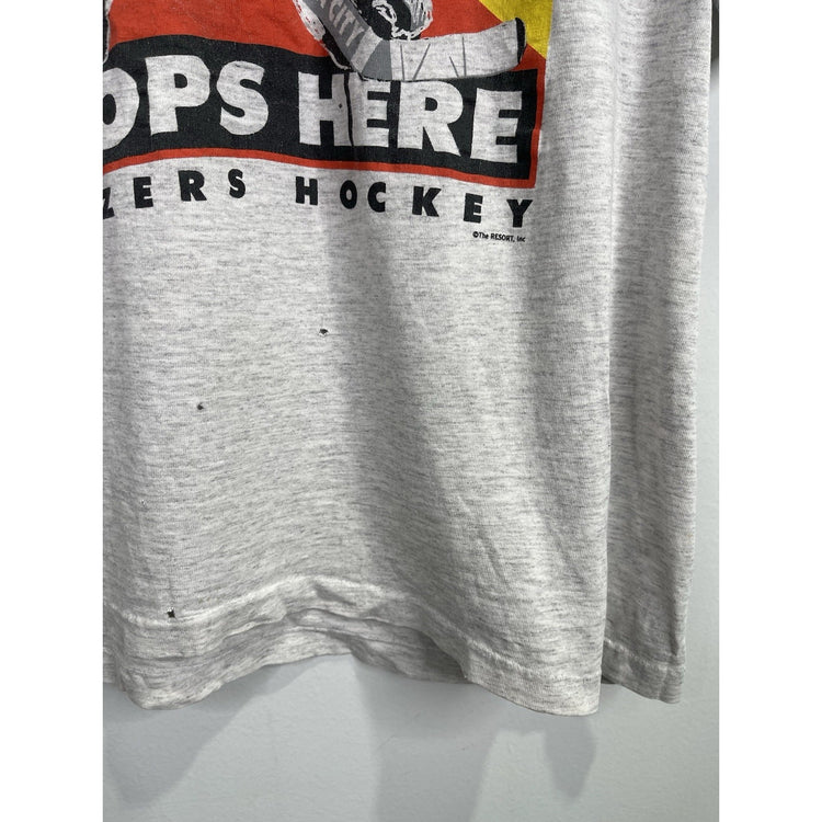 Vintage Mens “The Puck Stops Here” Blazers Hockey Grey T-shirt Size L
