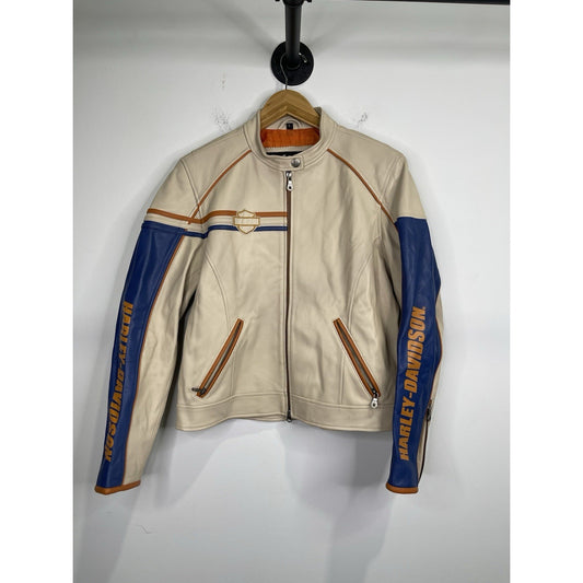 Men’s Beige Motor Harley Davidson Biker Full Zip Jacket Sz L