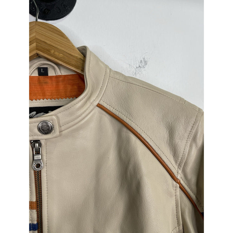 Men’s Beige Motor Harley Davidson Biker Full Zip Jacket Sz L