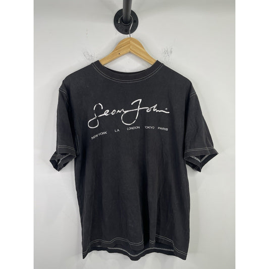 Vtg Y2k Sean John Mens T Shirt Black Graphic Spell Out Heavy Cotton L 16/18
