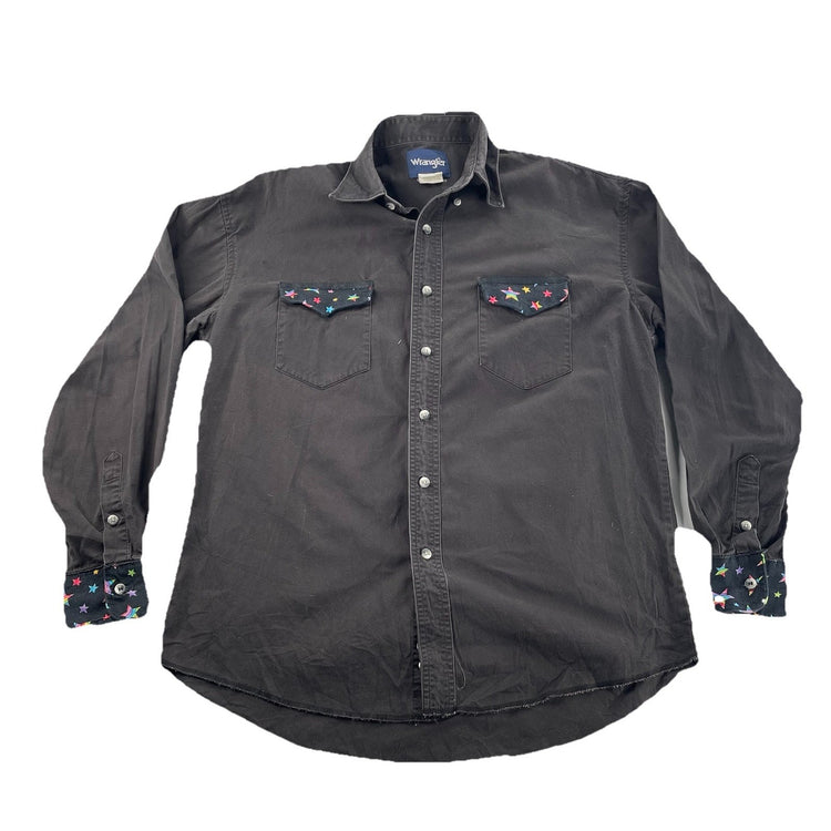 Mens Wrangler Western Black Long Sleeve ButtonUp Rainbow Prints, Size LG
