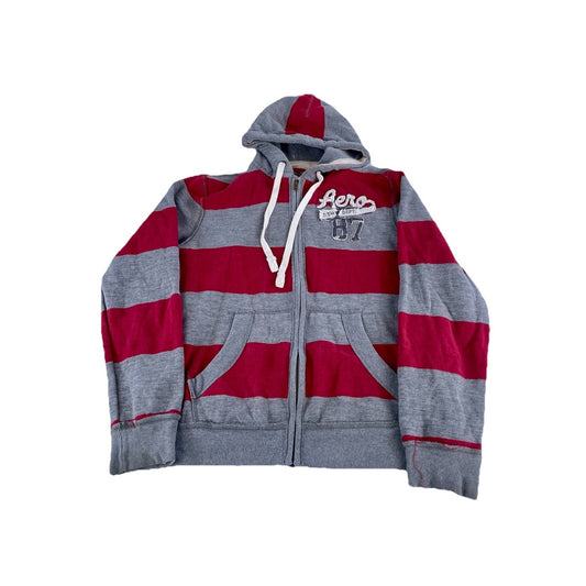 Mens Y2K Aeropostale Red And Gray Striped Zip Up Jacket Size XL