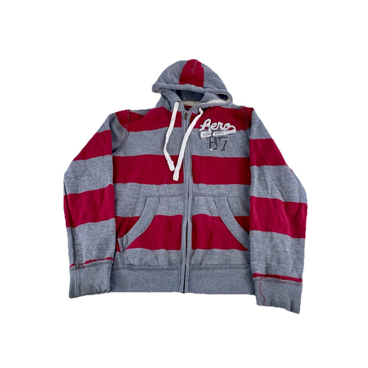 Mens Y2K Aeropostale Red And Gray Striped Zip Up Jacket Size XL