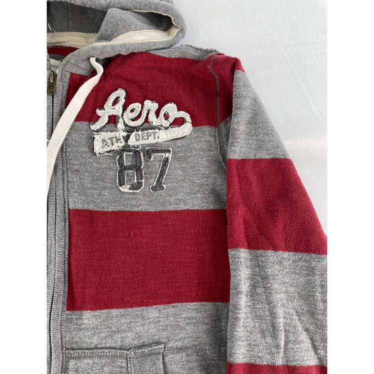 Mens Y2K Aeropostale Red And Gray Striped Zip Up Jacket Size XL