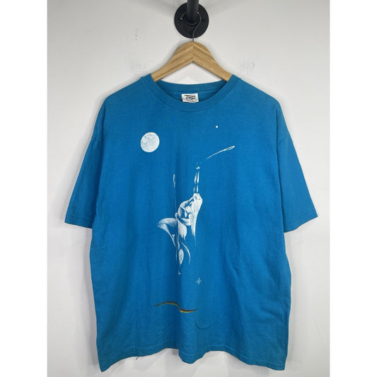 Vintage 80's Female Native American Lacrosse Athlete Mid Air Blue T-Shirt Size X-Large