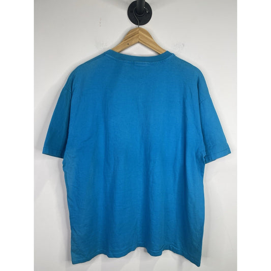 Vintage 80's Female Native American Lacrosse Athlete Mid Air Blue T-Shirt Size X-Large