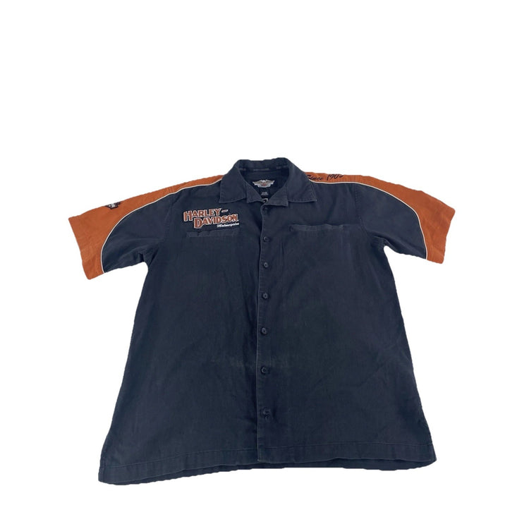Mens Harley Davidson Embroidered Black Button Up T Shirt Size Large