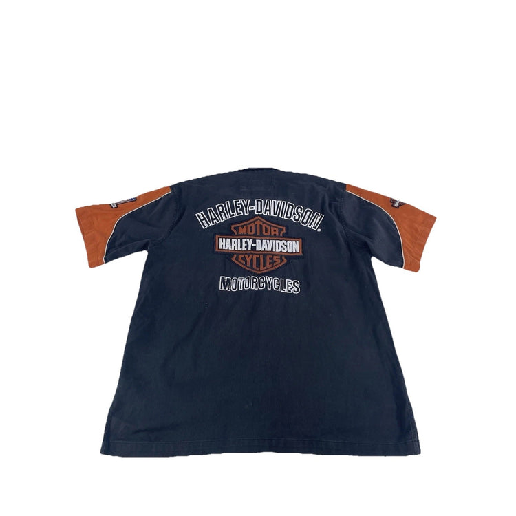 Mens Harley Davidson Embroidered Black Button Up T Shirt Size Large