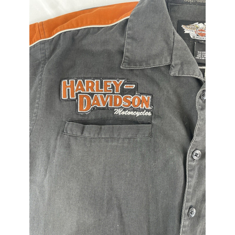 Mens Harley Davidson Embroidered Black Button Up T Shirt Size Large
