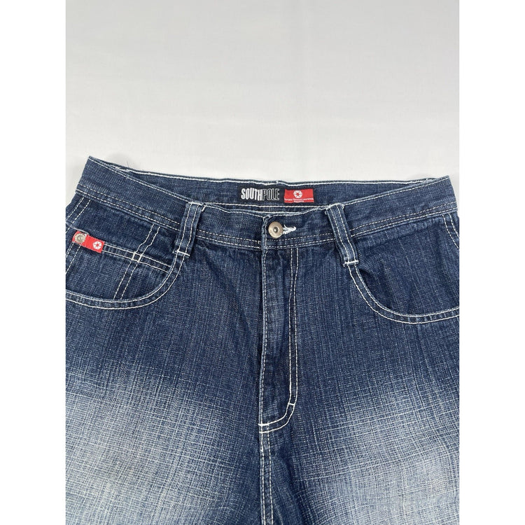 Unisex Y2K Dark Wash And Red Contrast Southpole Baggy Shorts 20x12