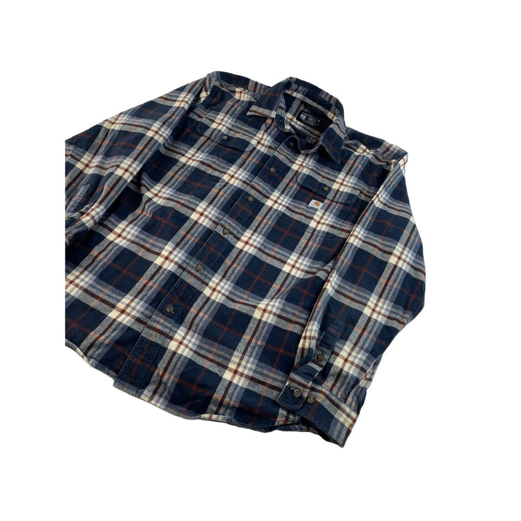 Mens Carhartt Navy Blue & White Plaid Loose Fit Button Up Shirt Size Large