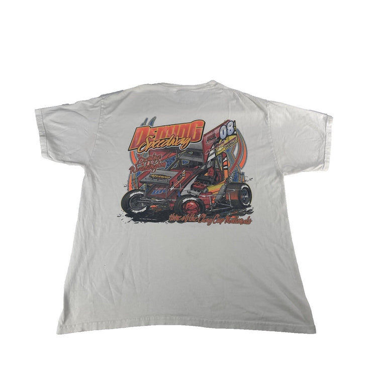 Mens Vintage Deming Speedway Sprint Car White Graphic T Shirt Size Large