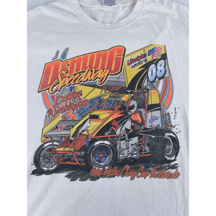 Mens Vintage Deming Speedway Sprint Car White Graphic T Shirt Size Large