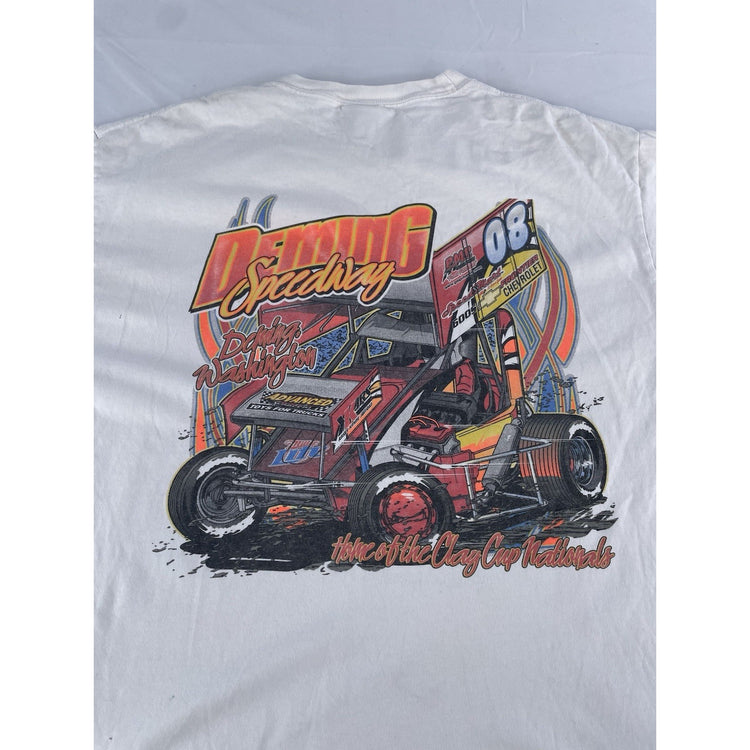 Mens Vintage Deming Speedway Sprint Car White Graphic T Shirt Size Large