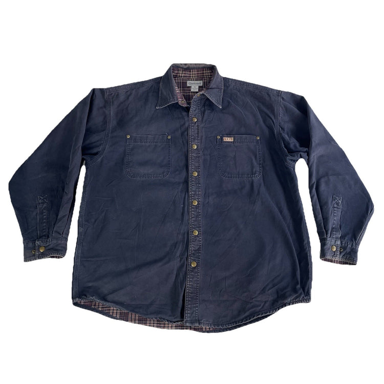Mens Vintage Carhartt Flannel Lined Canvas Snap-Down Jacket Navy Blue Size Xl