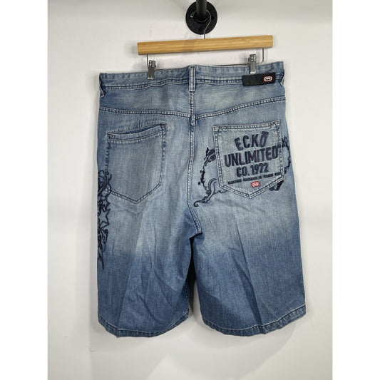 Men’s Vintage Ecko Unltd Shorts Blue Baggy Fit Loose Embroidered Design 40x14.5