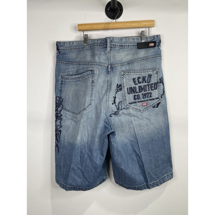 Men’s Vintage Ecko Unltd Shorts Blue Baggy Fit Loose Embroidered Design 40x14.5