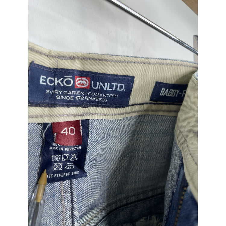 Men’s Vintage Ecko Unltd Shorts Blue Baggy Fit Loose Embroidered Design 40x14.5