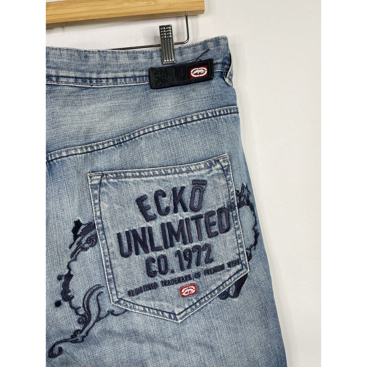 Men’s Vintage Ecko Unltd Shorts Blue Baggy Fit Loose Embroidered Design 40x14.5