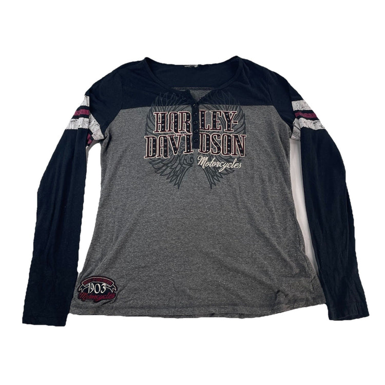 Womens Y2K Harley Davidson  Grey Long Sleeve Shirt Size Medium