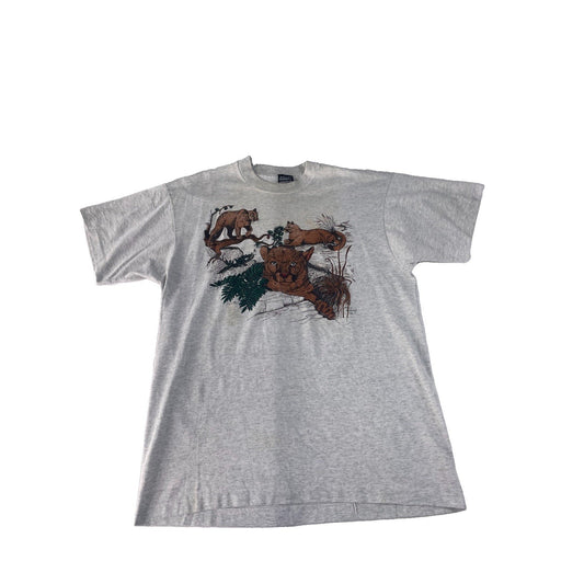 Mens Vintage Fruit Of The Loom Gray Mountain Lion Nature Graphic Tee Size L