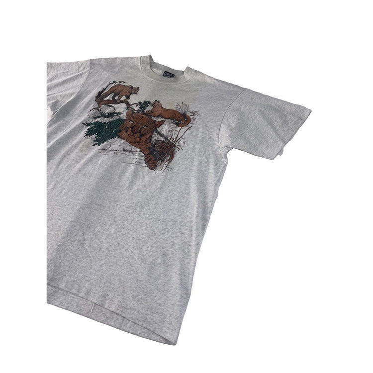 Mens Vintage Fruit Of The Loom Gray Mountain Lion Nature Graphic Tee Size L