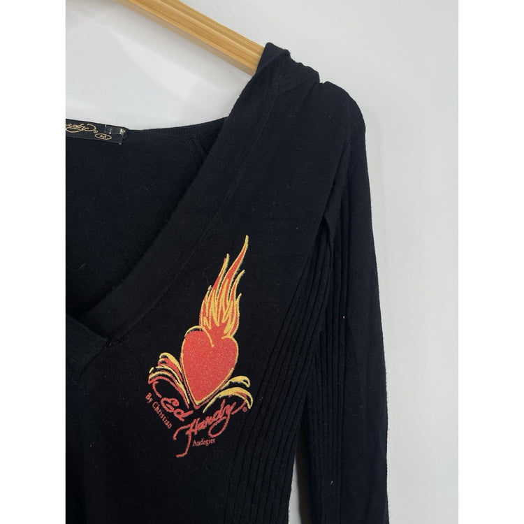 Women’s Y2k Ed Hardy Black Love Knitwear Hoodie Sz  Medium