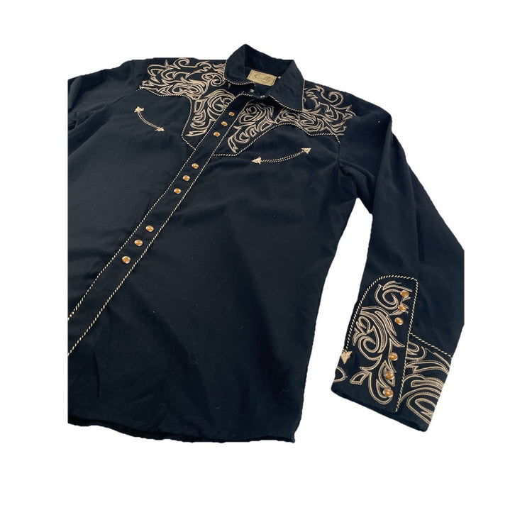 Men’s SCULLY Black&Gold Leaf Scroll Embroidered Western Snap Shirt Size L