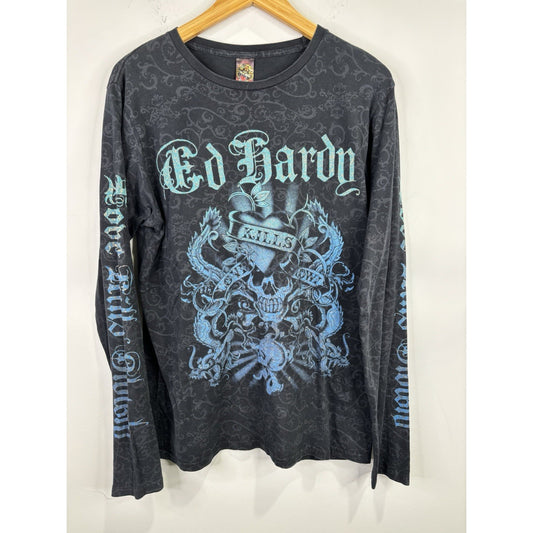 Mens Y2k Ed Hardy All Over Print Long Sleeve T-shirt Size L