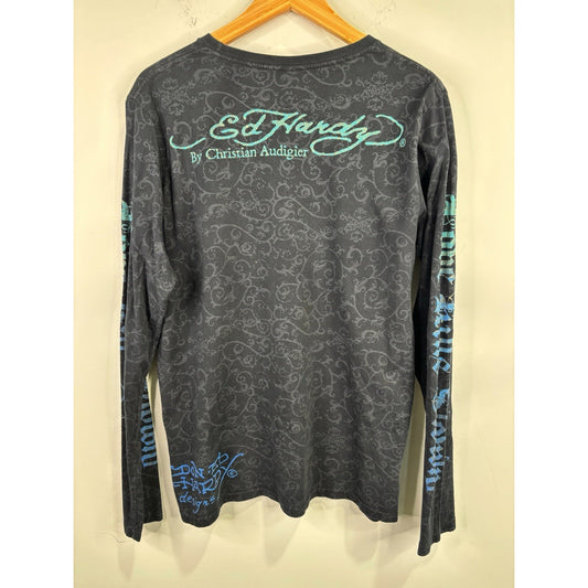 Mens Y2k Ed Hardy All Over Print Long Sleeve T-shirt Size L