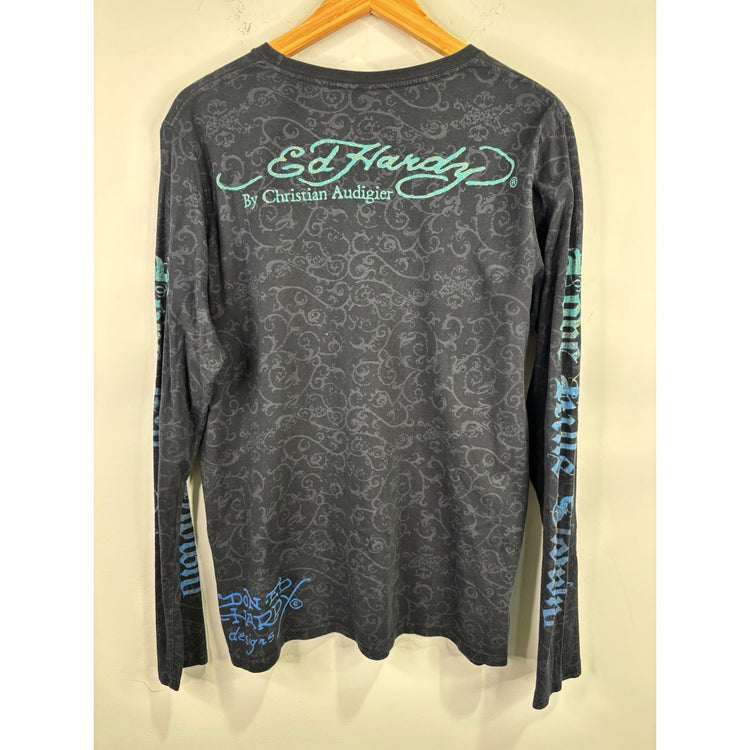 Mens Y2k Ed Hardy All Over Print Long Sleeve T-shirt Size L