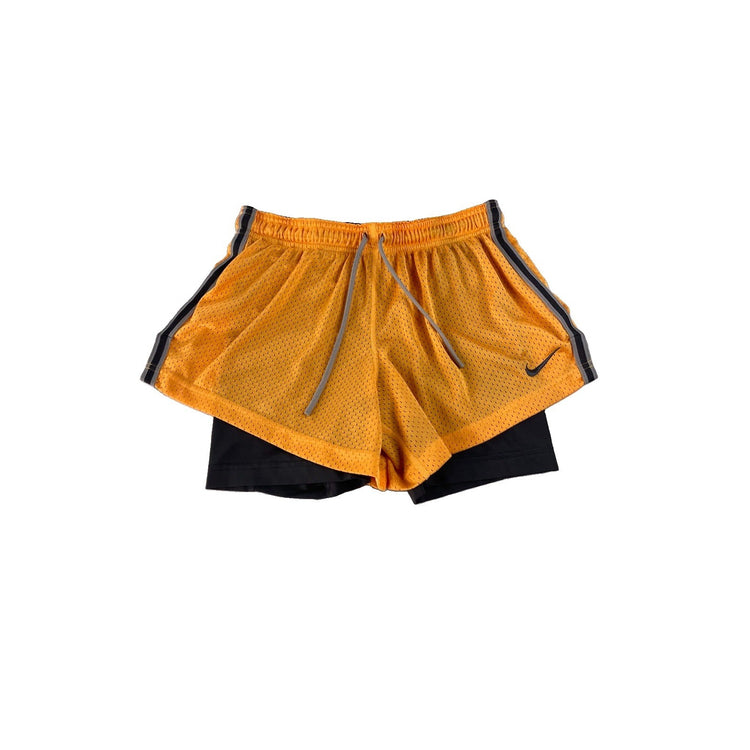 Nike Dri-FIT 2-in-1 Athletic Shorts, Orange Mesh Outer with Black Liner, Size S