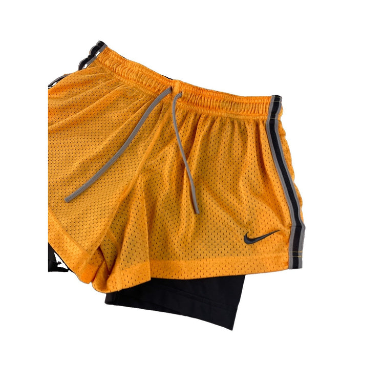 Nike Dri-FIT 2-in-1 Athletic Shorts, Orange Mesh Outer with Black Liner, Size S